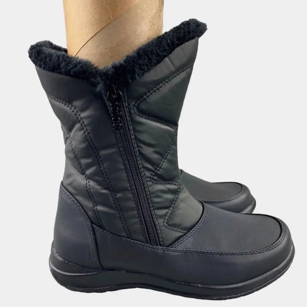 New totes eileen Snow Boot Womens  7 Black Double Zip Faux Fur Adjustable Winter